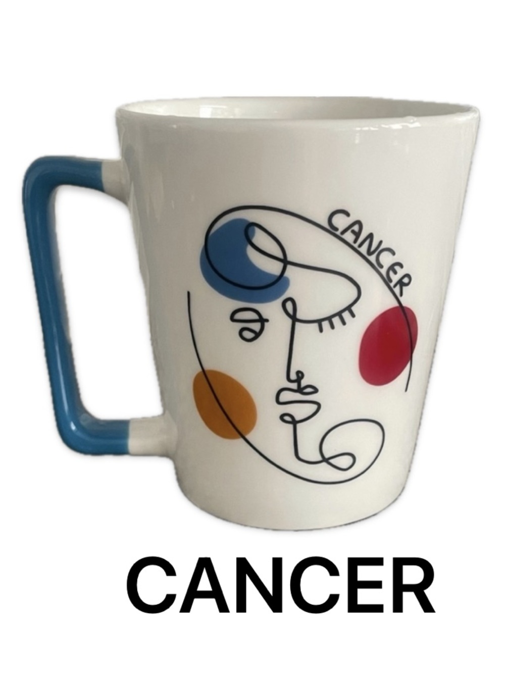 Cancer Zodiac Mug Abstract Face Design Blue Handle 10 Oz Coffee Cup NWOT